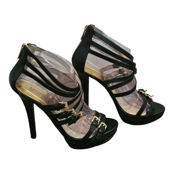 Michael Kors Black Leather Gold Buckle Ava Platform Strappy Heels Size‎ 9.5 - Picture 7 of 15